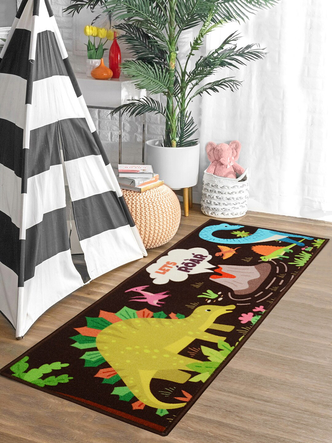 Saral Home Brown & Yellow Dinosaur Printed Anti Skid Floor Runner