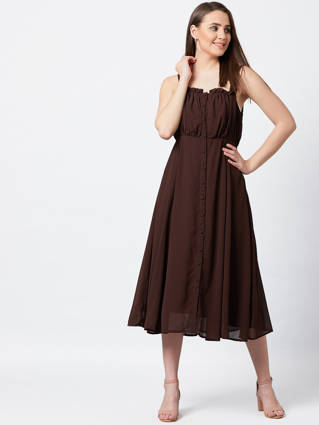 PANIT Brown Georgette Midi Dress