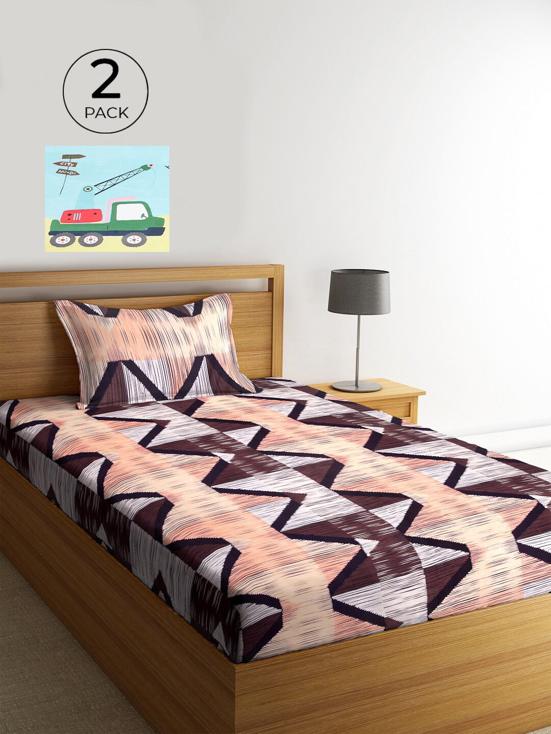 KLOTTHE Yellow Geometric Polycotton 210 TC Single Fine 2 Bedsheet with 2 Pillow Covers-225 x 150 cm