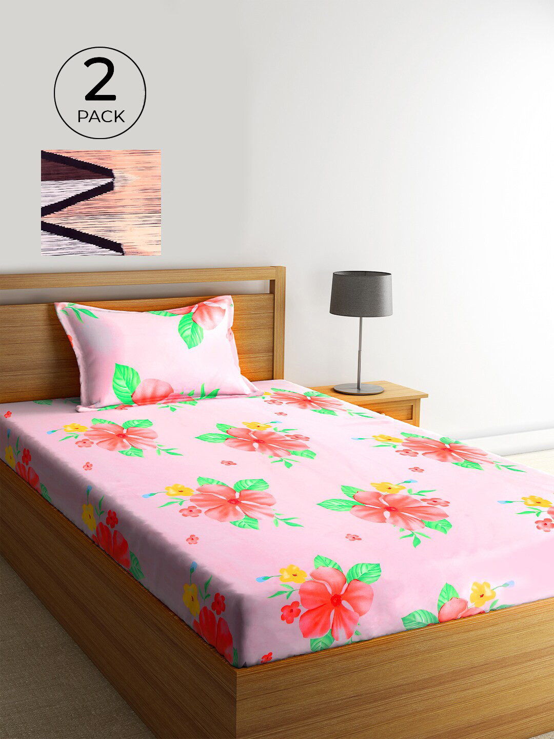 KLOTTHE Pink Floral Cotton 300 TC Single Fine 2 Bedsheet with 2 Pillow Covers-225 x 150 cm