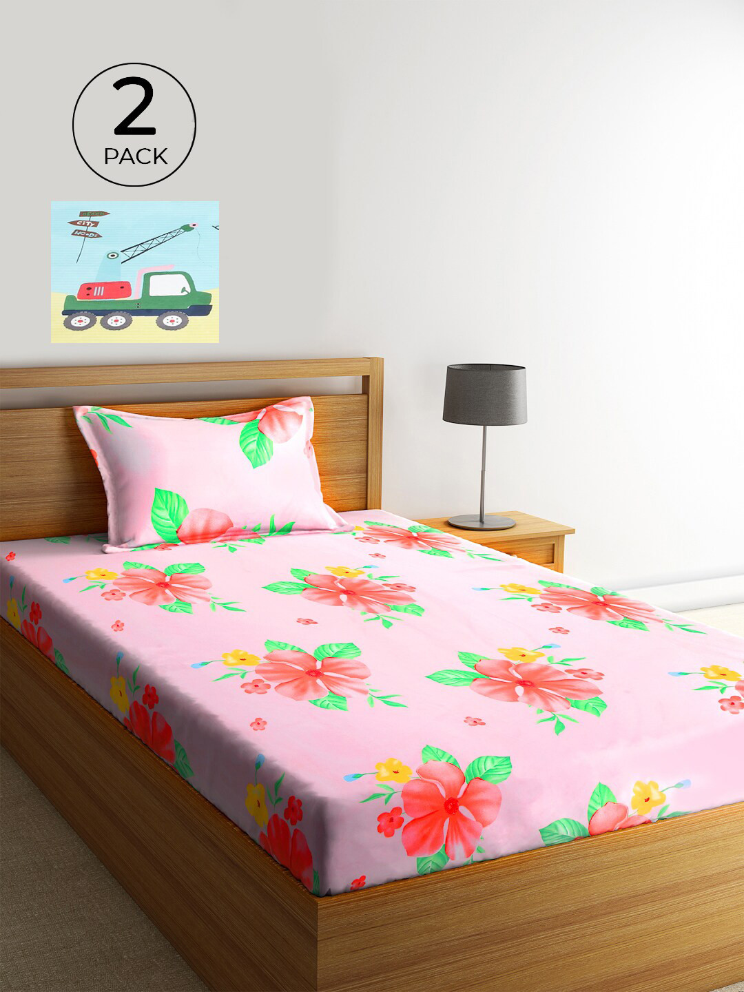 KLOTTHE Pink Floral Cotton 210 TC Single Fine 2 Bedsheet with 2 Pillow Covers-89 x 59 inches