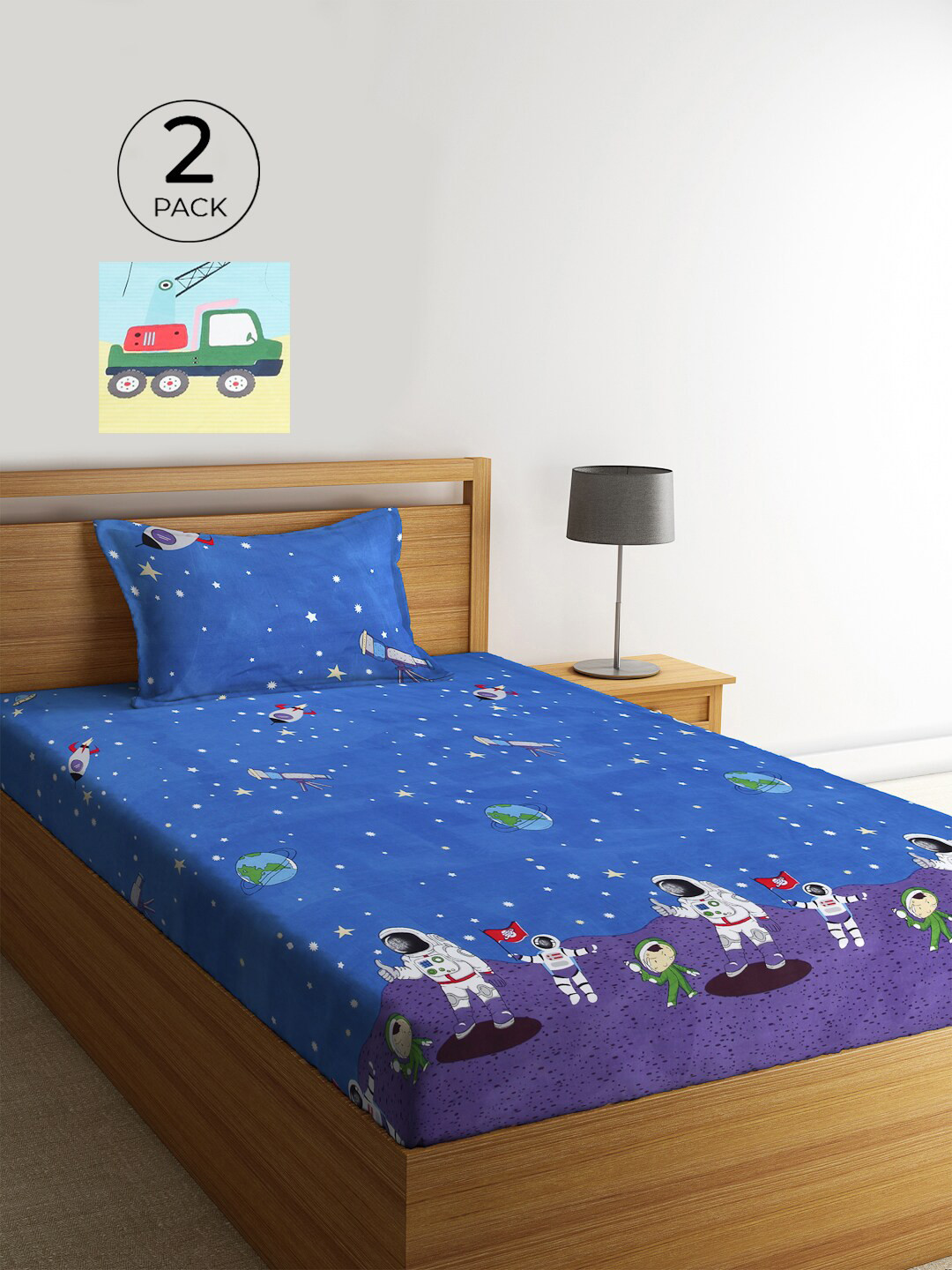 KLOTTHE Blue Conversational Cotton 210 TC Single Fine 2 Bedsheet with 2 Pillow Covers-87 x 59 inches