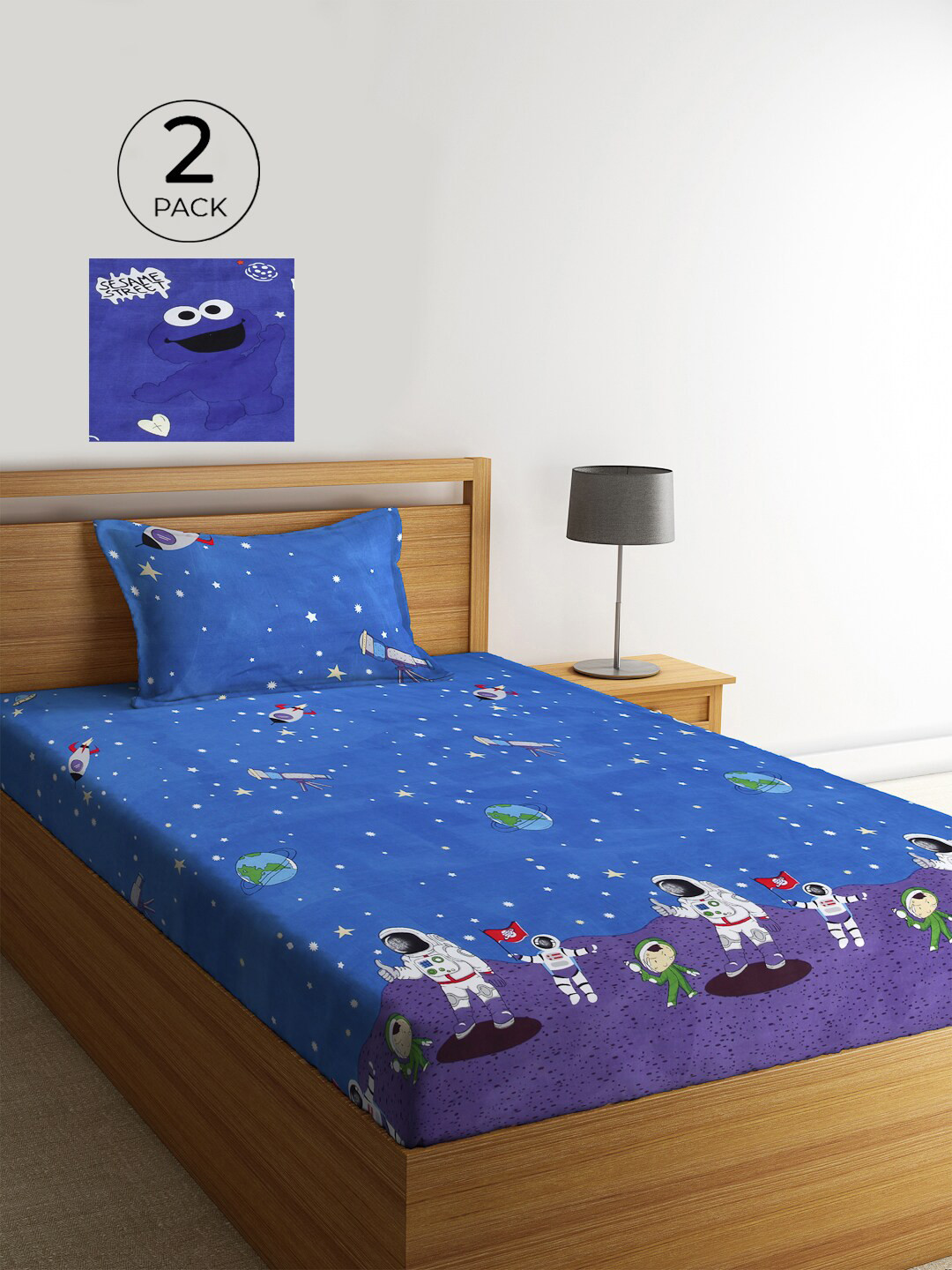 KLOTTHE Blue Graphic Polycotton 210 TC Single Fine 2 Bedsheet with 2 Pillow Covers-89 x 59 inches