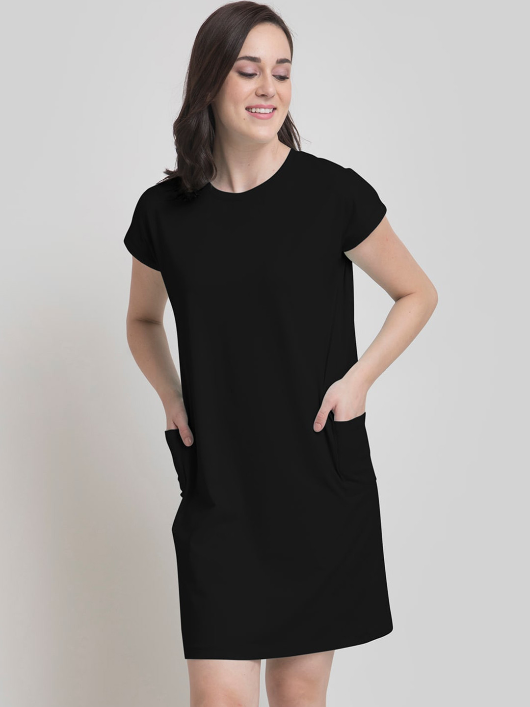 FABLE STREET Black Solid T-shirt Dress