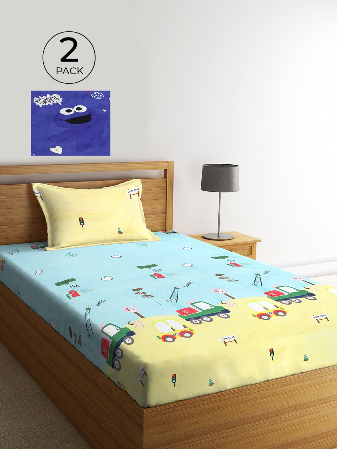 KLOTTHE Blue Graphic Cotton 210 TC Single Fine 2 Bedsheet with 2 Pillow Covers-89 x 59 inches