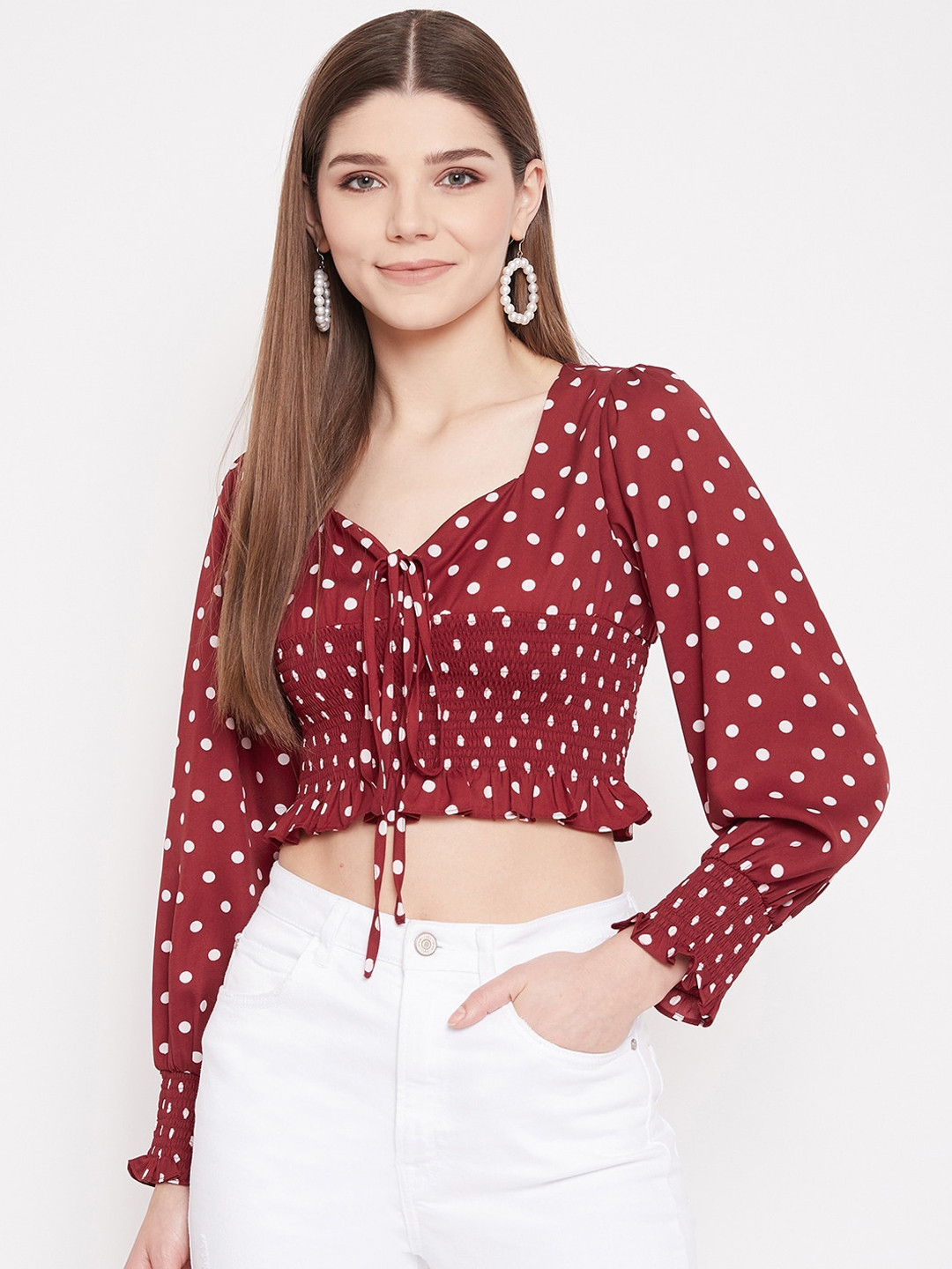 Berrylush Red Bishop Sleeves Crepe Regular Crop Top