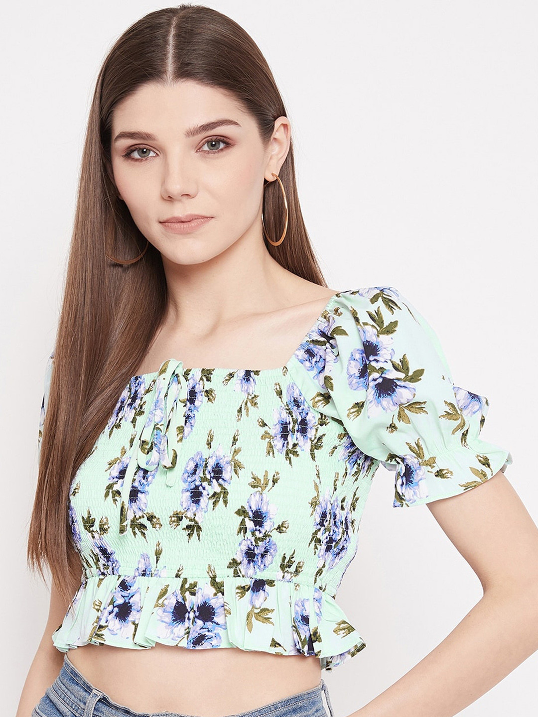 Berrylush Sea Green Floral Crepe Cinched Waist Crop Top