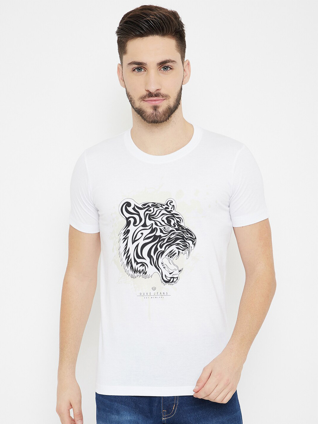 Duke Men White & Black Slim-Fit Tiger Print Cotton Round Neck T-shirt