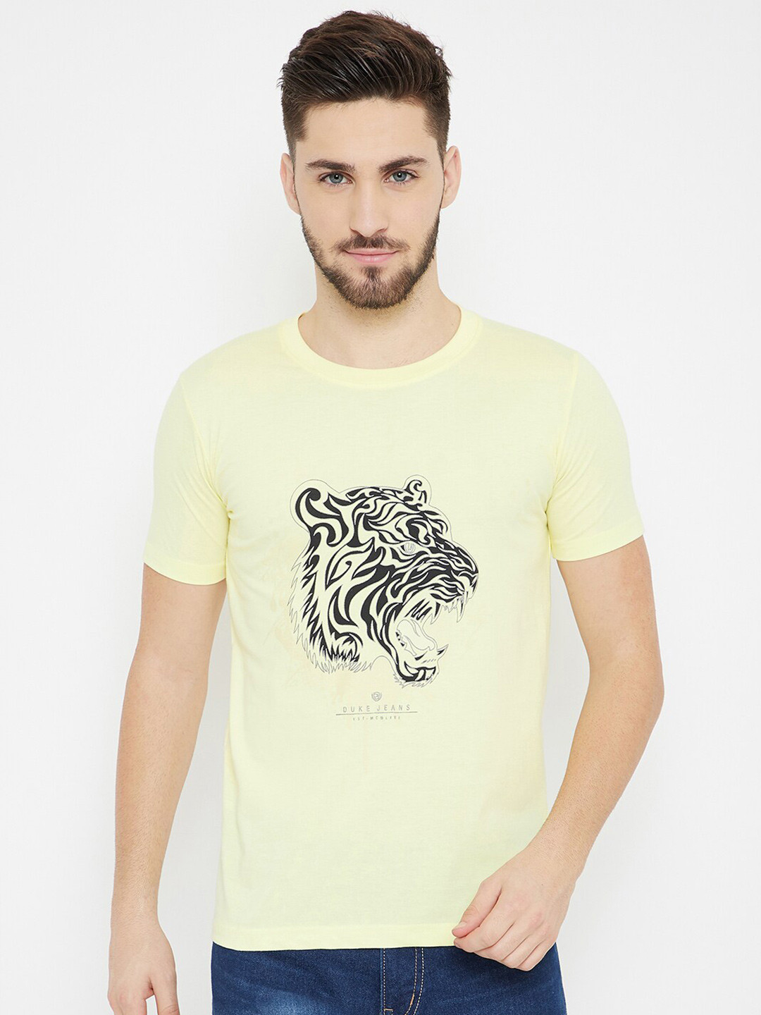Duke Men Yellow & Black Slim-Fit Tiger Print Cotton Round Neck T-shirt