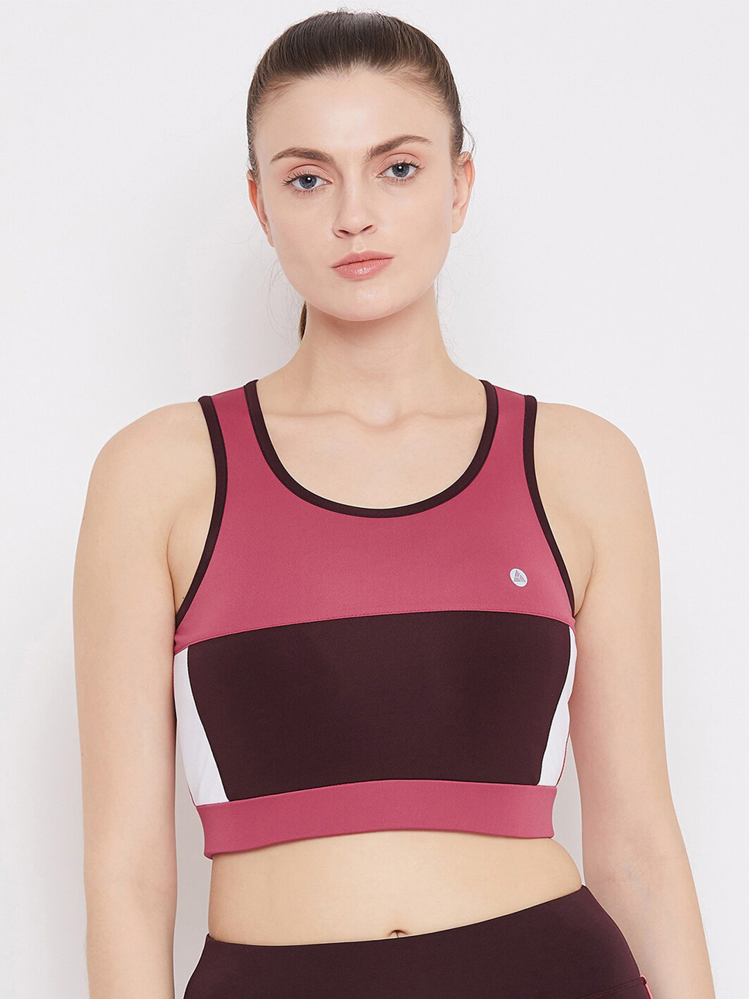 ATHLISIS Burgundy & Maroon Colourblocked Non-Wired Lightly Padded Workout Bra AWBT09