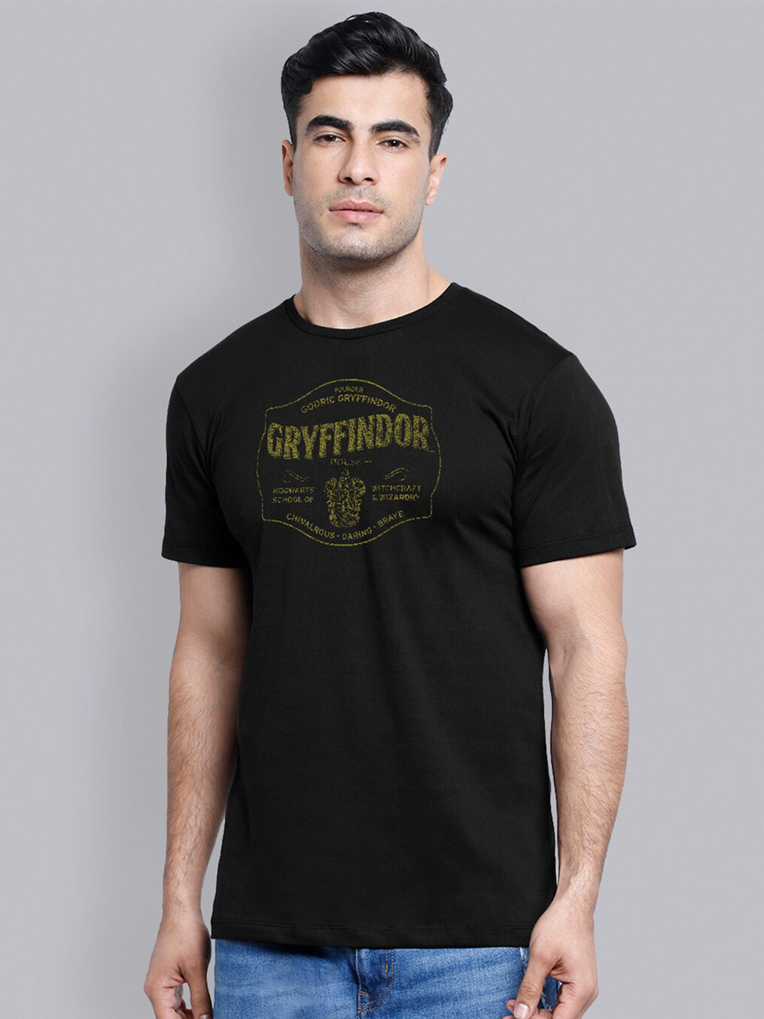 Free Authority Men Black Harry Potter Print Round Neck Cotton Pure Cotton T-shirt