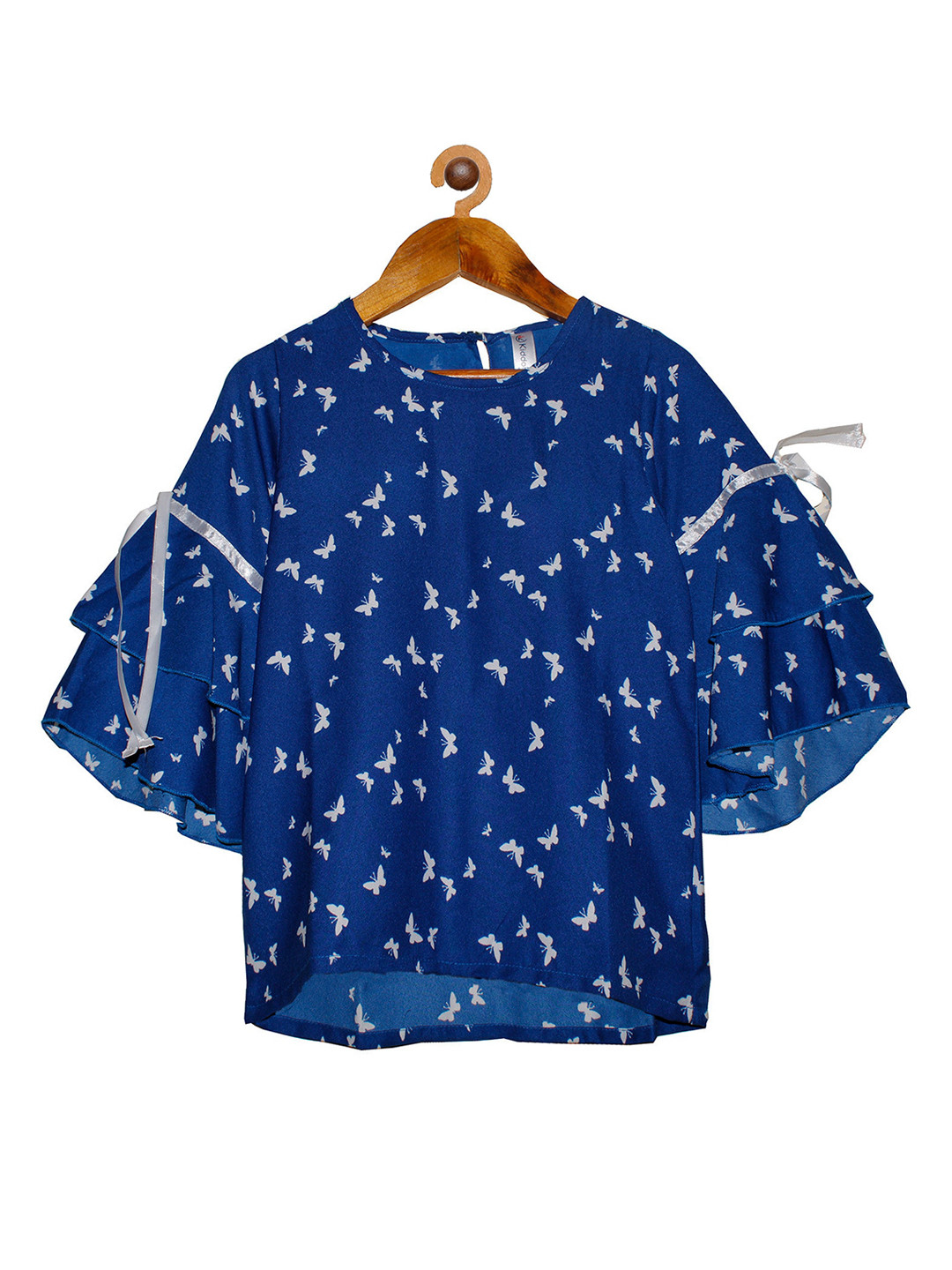 KiddoPanti Blue Crepe Floral Printed Bell Sleeves Regular Top
