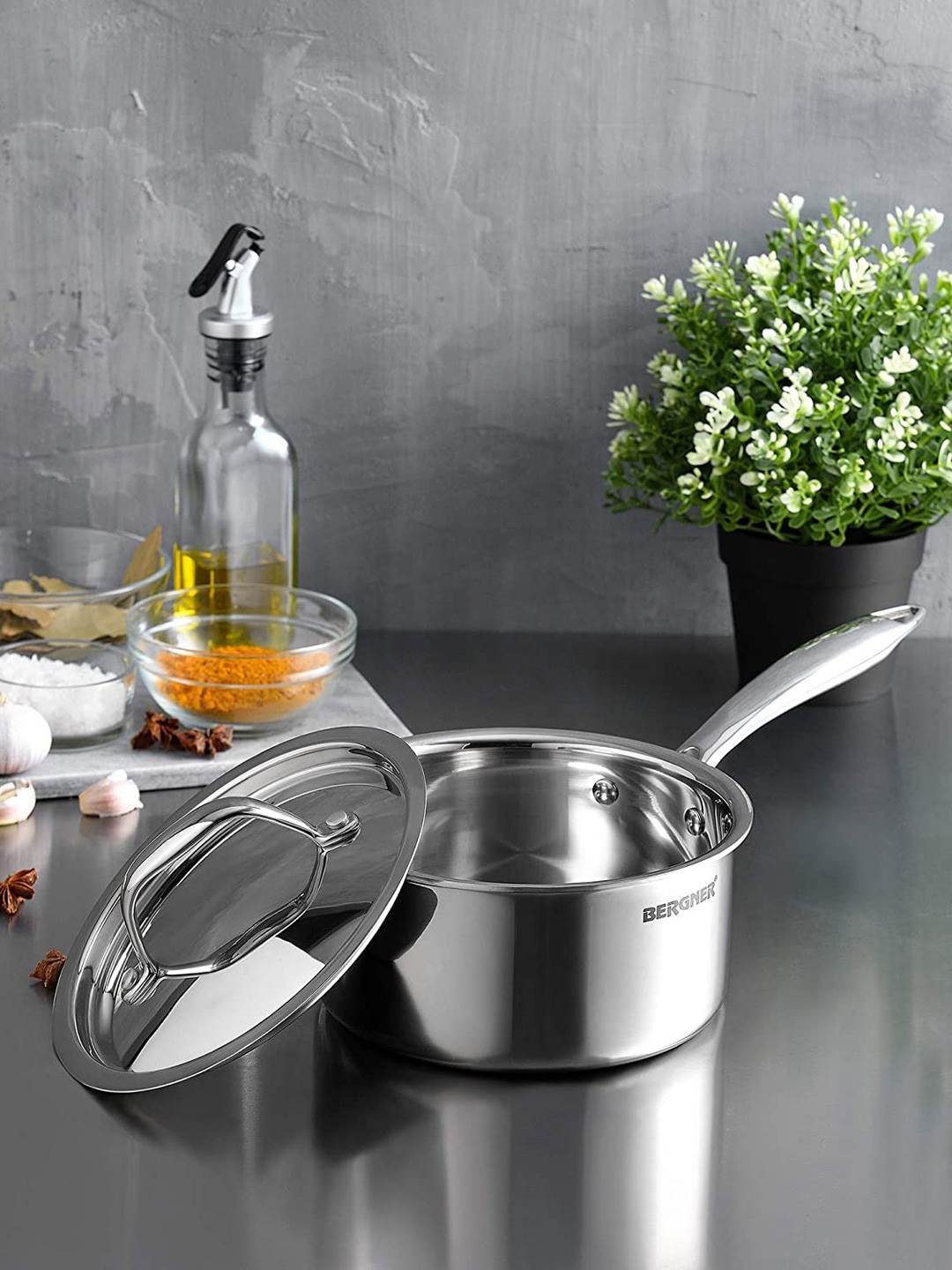 BERGNER Induction Base Argent TriPly Stainless Steel Saucepan with Lid 1.6 L