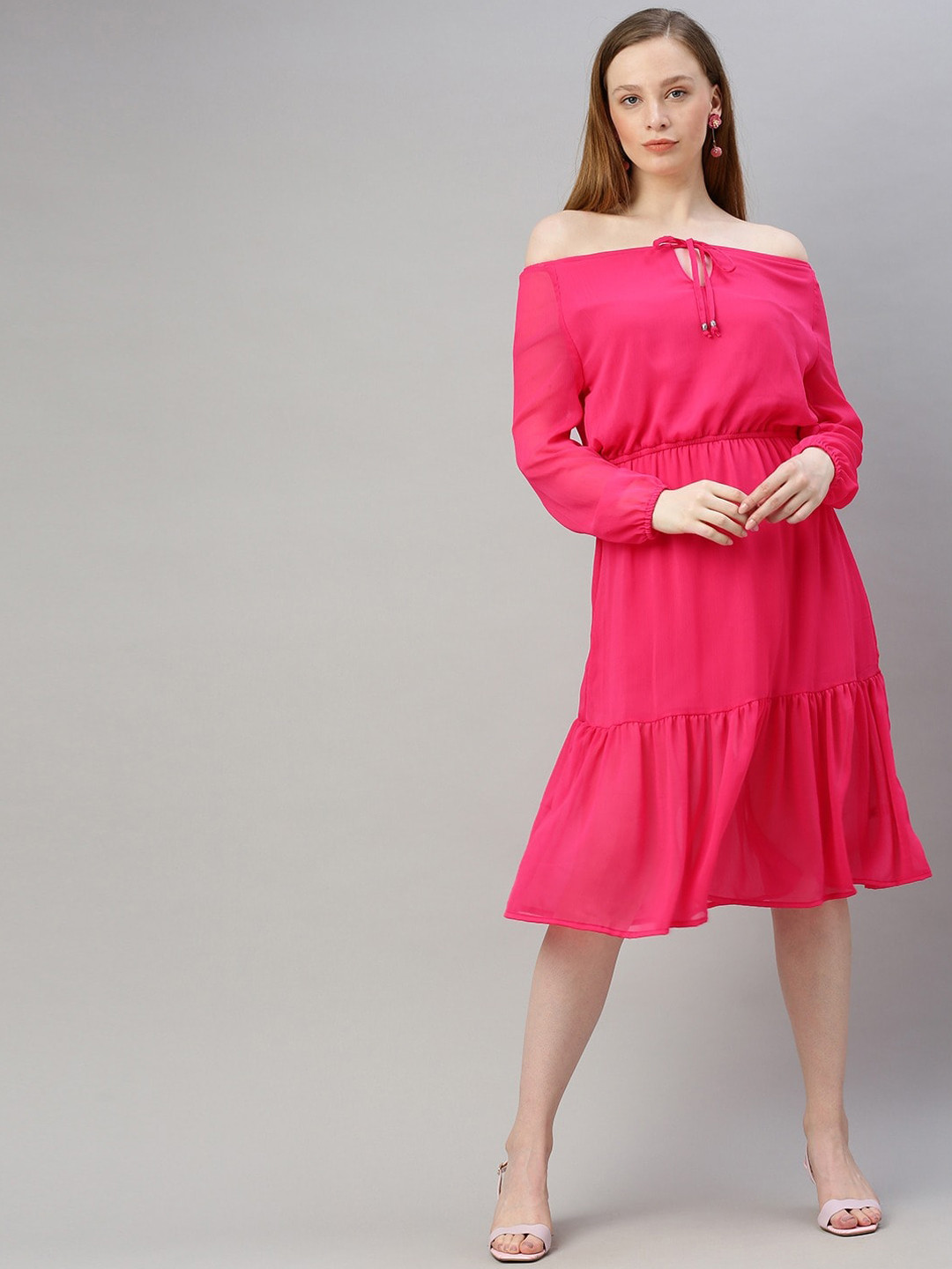 Sera Fuchsia Off-Shoulder Chiffon Midi Dress