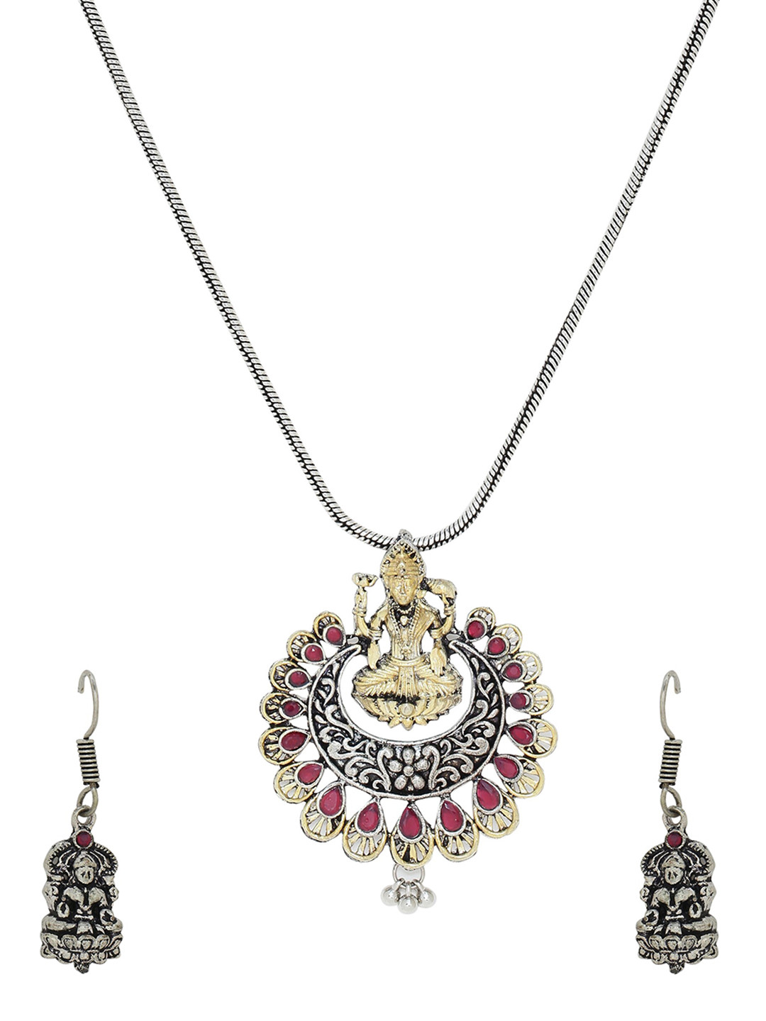 Silvermerc Designs Oxidised Silver-Plated Gold-Toned & Pink Quartz-Studded Temple Jewellery Set