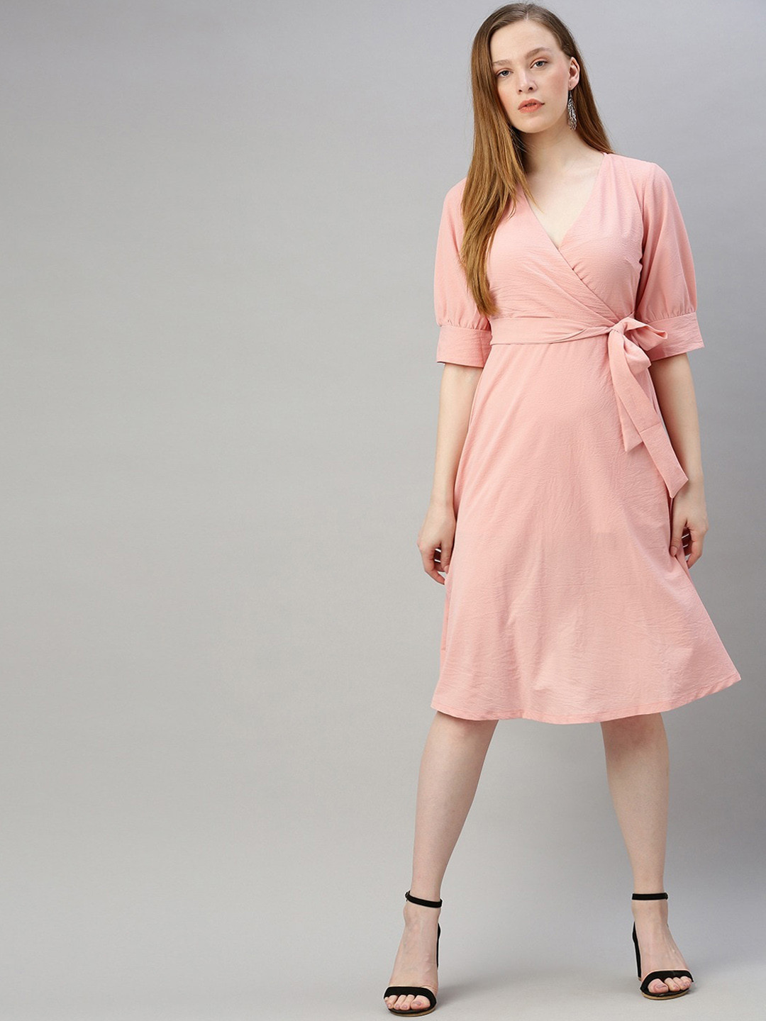 Sera Pink Solid Fit & Flare Dress
