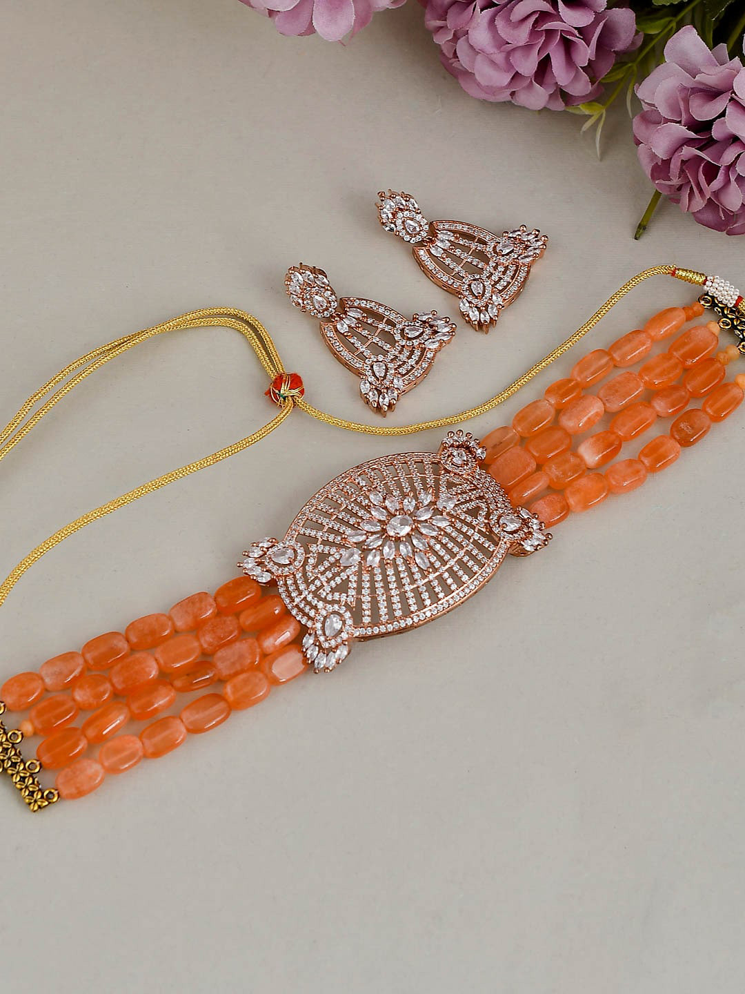 Silvermerc Designs Orange Gold-Plated AD-Studded & Onyx Beaded Handcrafted Jewellery Set