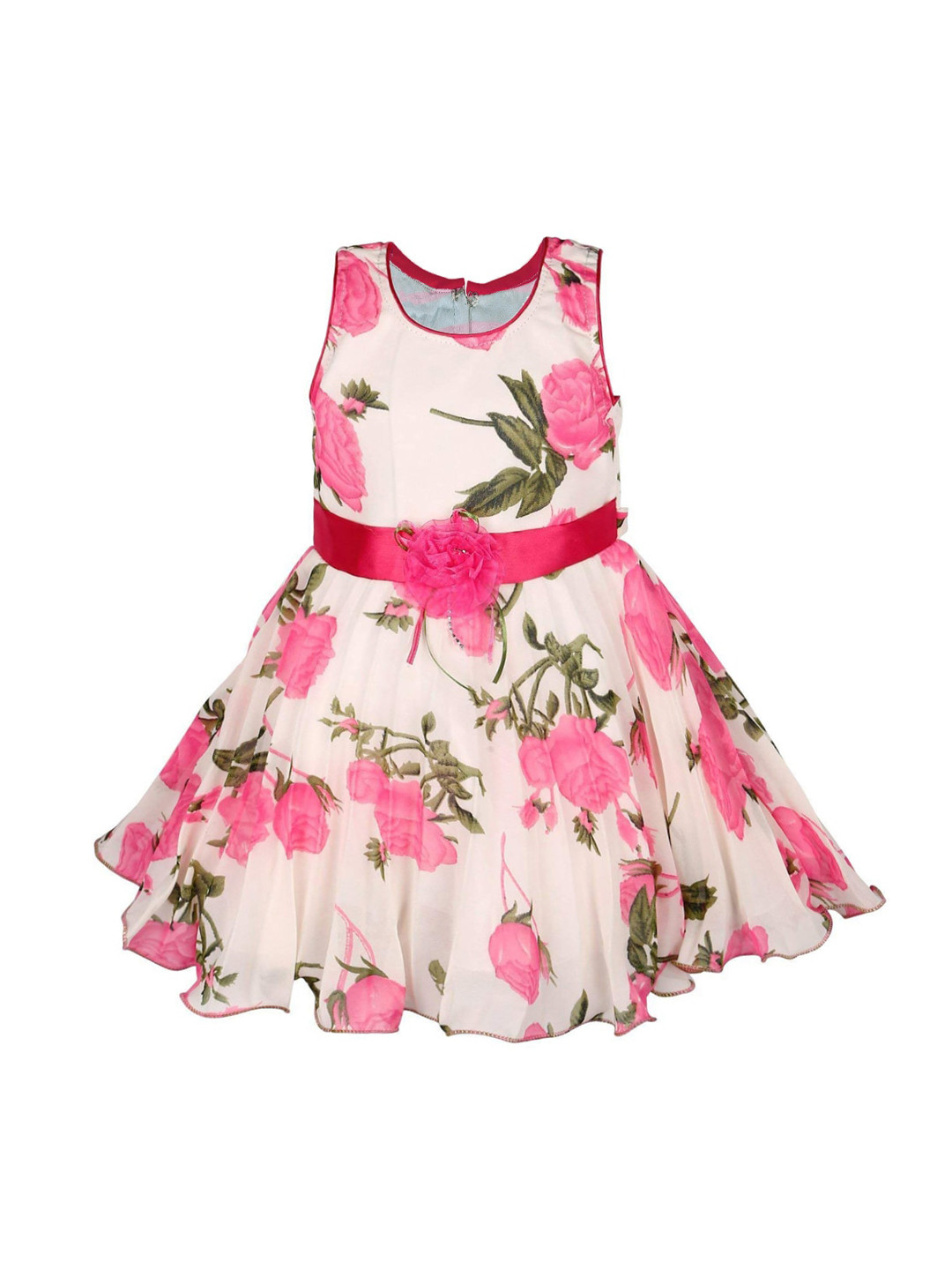 Wish Karo Pink & Green Floral Georgette Dress