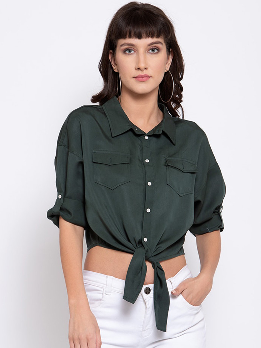 iki chic Green Shirt Style Crop Top