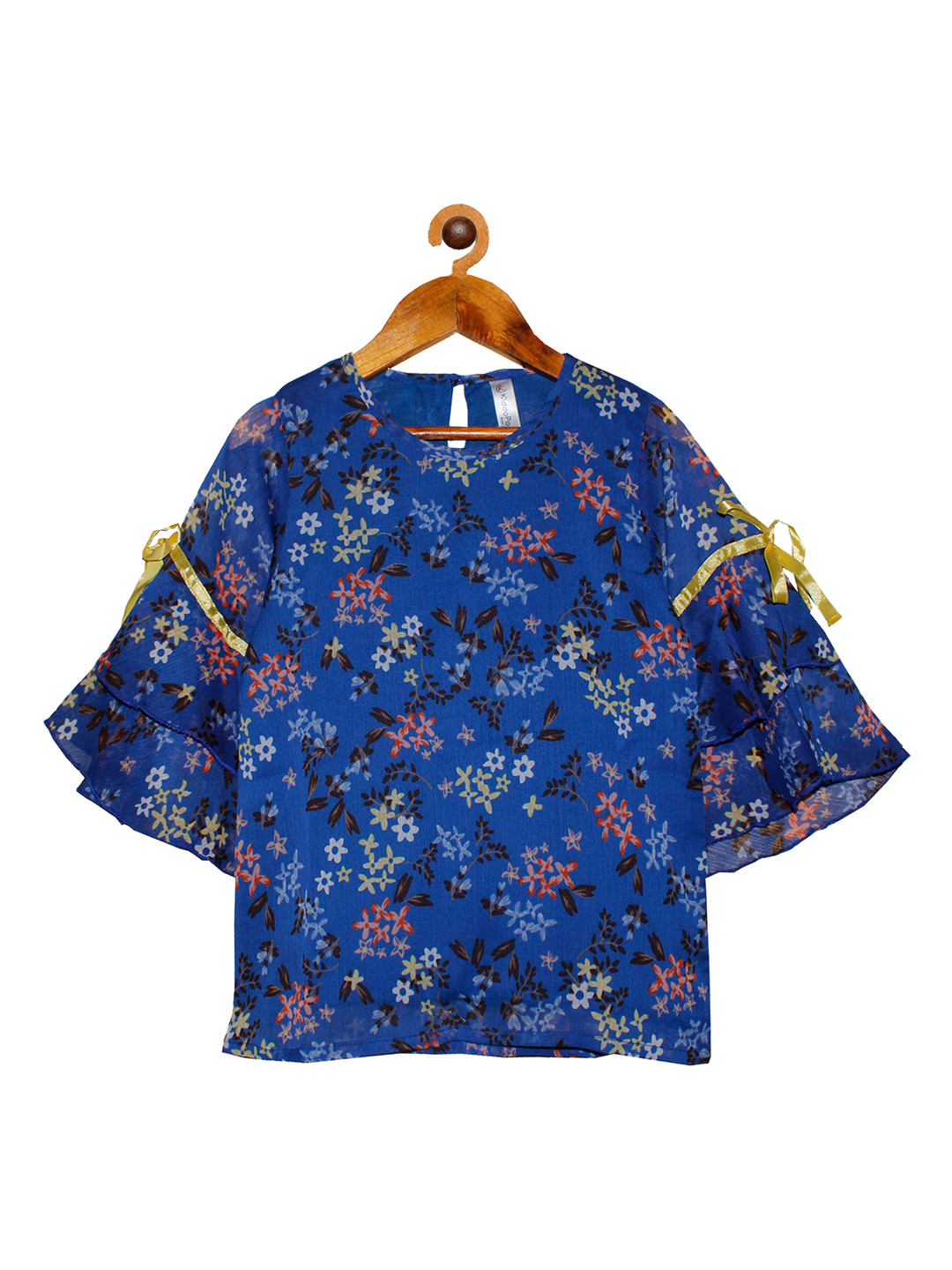 KiddoPanti Girls Blue Floral Chiffon Regular Top