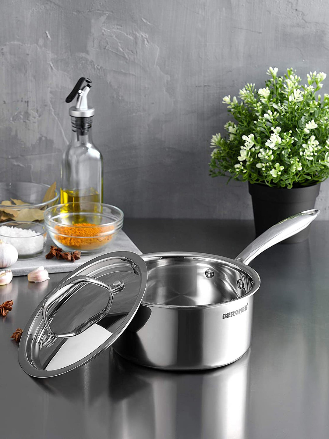 Bergner Argent TriPly Stainless Steel Induction Bottom 14cm Saucepan with Lid (1 Litre)