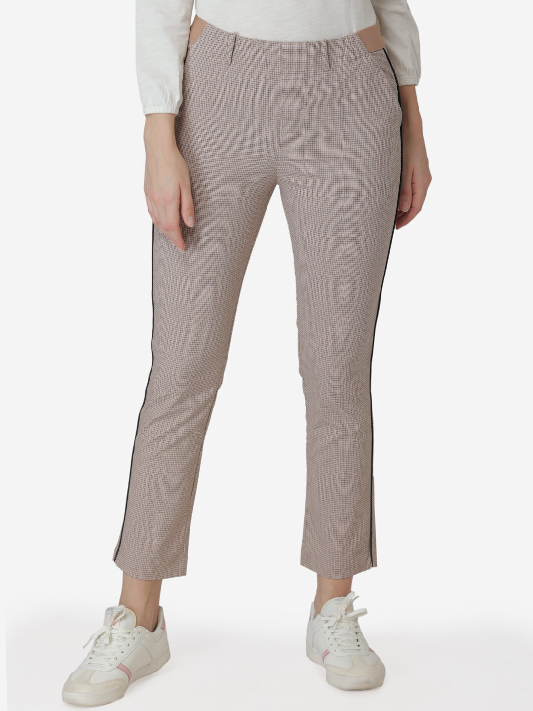 Mode by Red Tape Women Beige Skinny Fit Self Design Regular Trousers