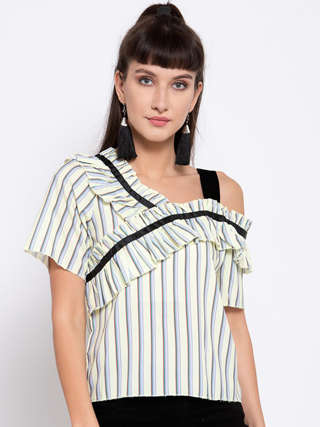 iki chic Yellow & Blue Striped Flared Sleeves Ruffles Regular Top