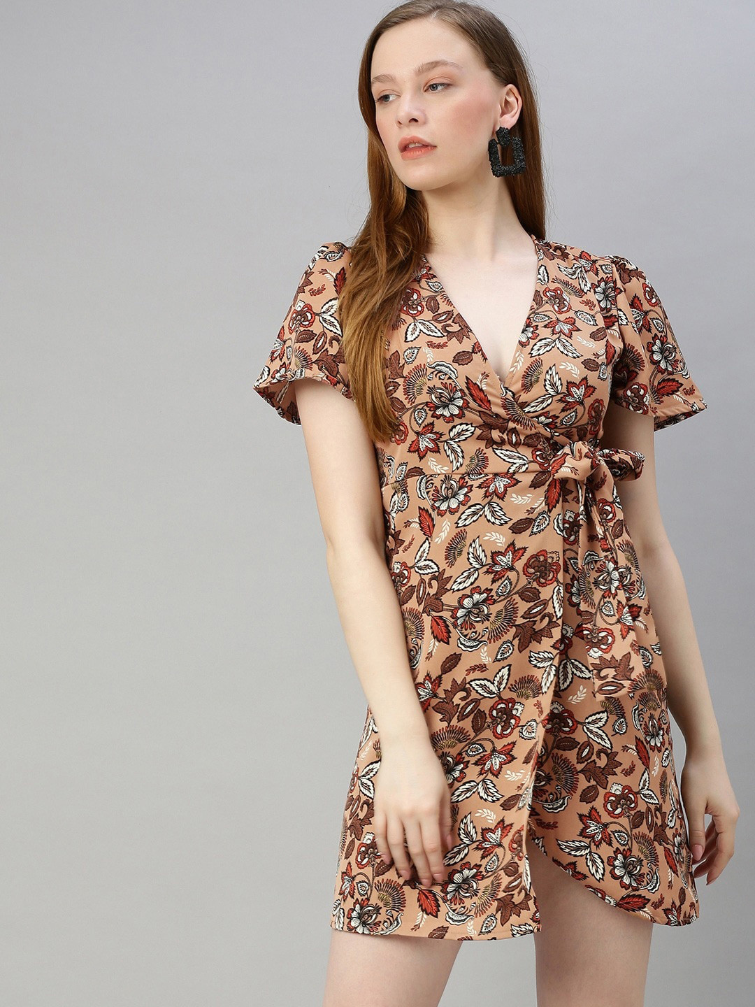 Sera Beige & Black Floral Mini Wrap Dress