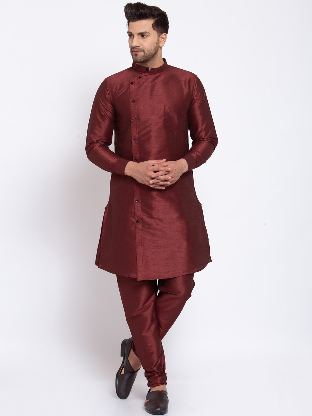 KLOTTHE Men Maroon Solid Angrakha Straight Kurta & Pyjamas