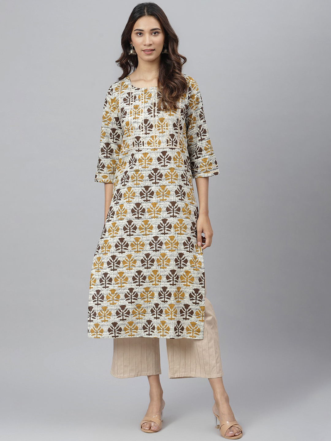 JAIPUR ATTIRE Women Cream-Coloured & Brown Floral Printed Kurta