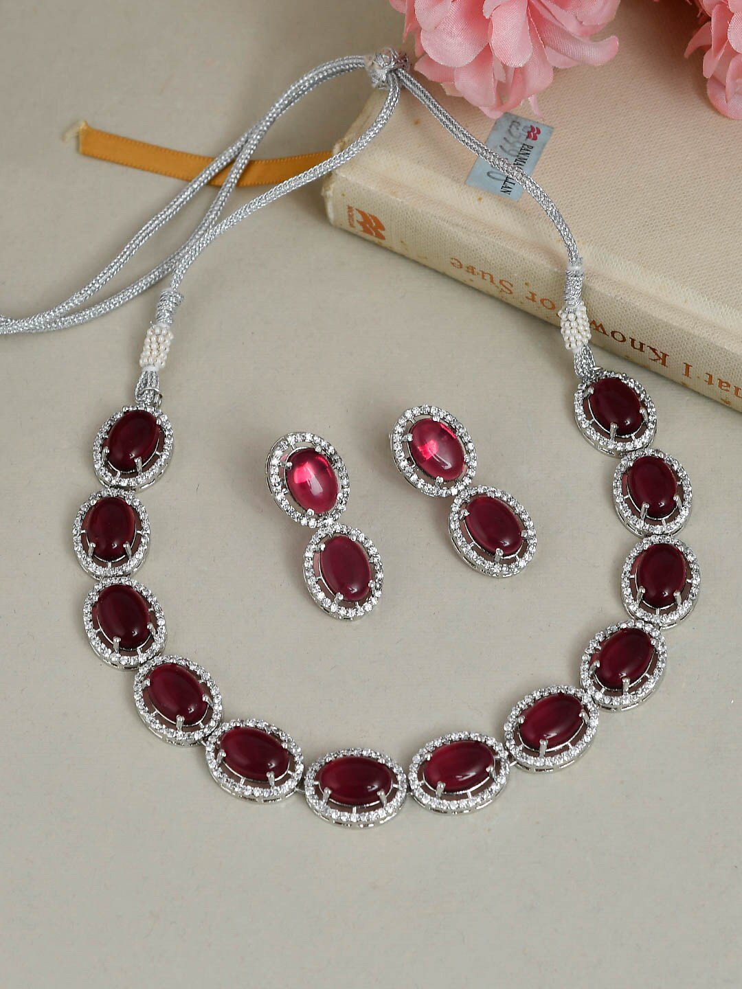 Silvermerc Designs Maroon Silver-Plated Ruby & AD-Studded Handcrafted Jewellery Set