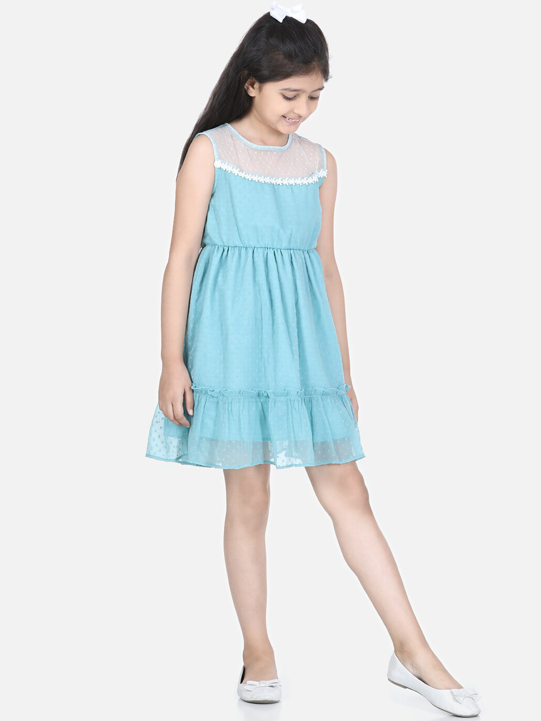 StyleStone Blue Dobby Weave Fit & Flare Dress