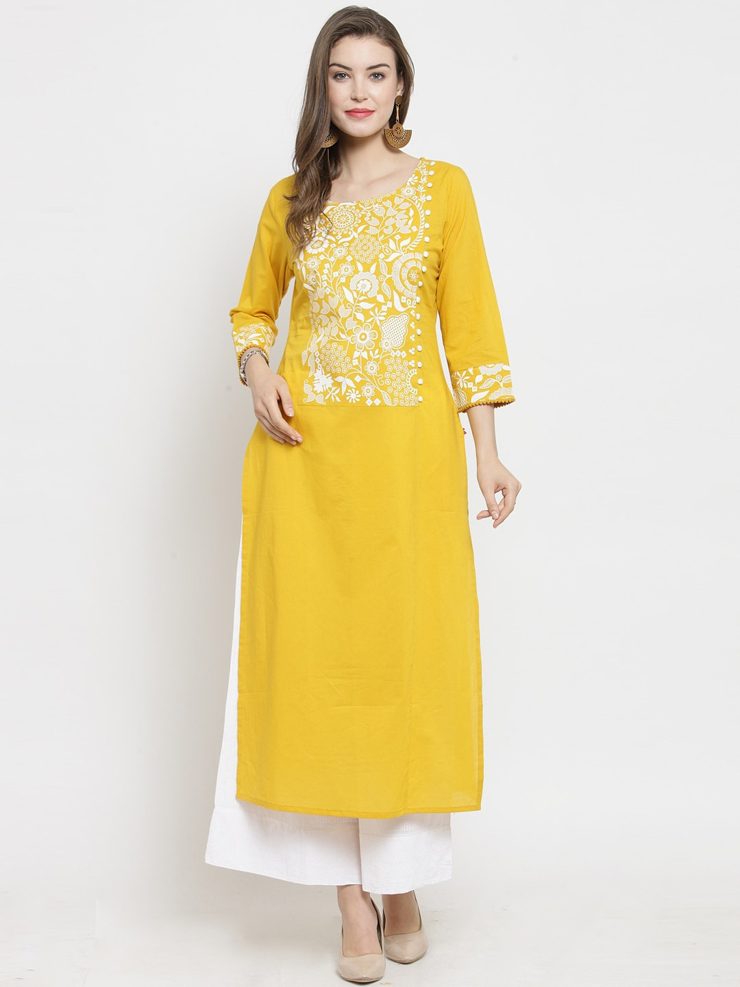 Varanga Women Mustard Yellow & White Floral Printed A-Line Pure Cotton Kurta with Palazzos