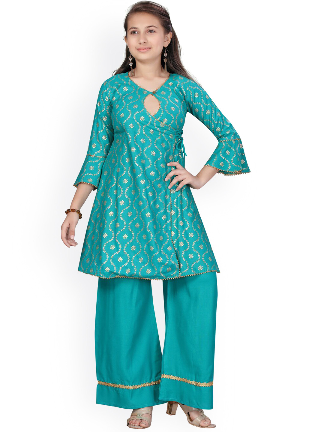 Aarika Girls Sea Green Ethnic Motifs Printed Angrakha Straight Pure Cotton Kurti &