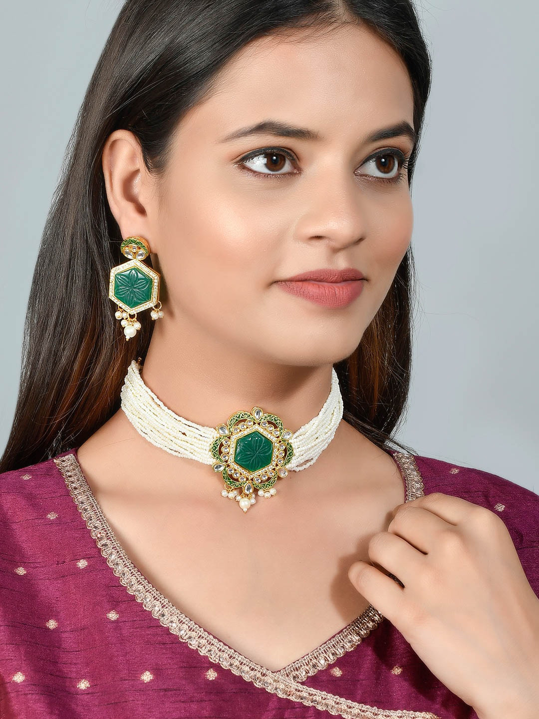 Silvermerc Designs Gold-Plated Green & White Stone-Studded & Onyx Beaded Engraved Jadau Jewellery Set