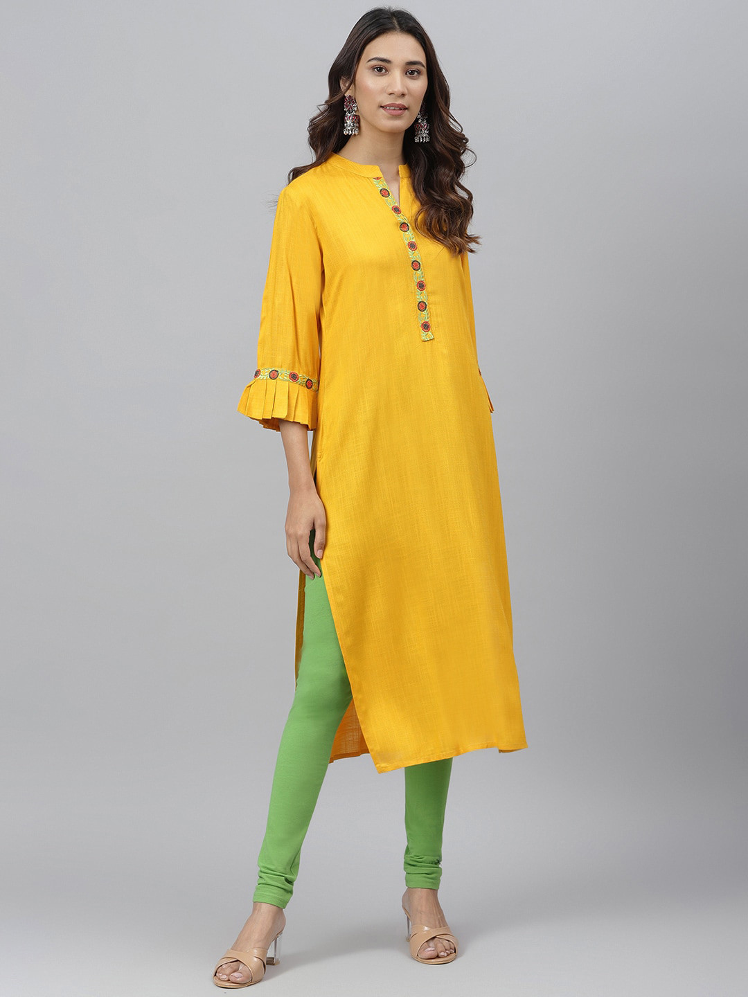 JAIPUR ATTIRE Women Yellow Bell Sleeves Band Collar Kurta