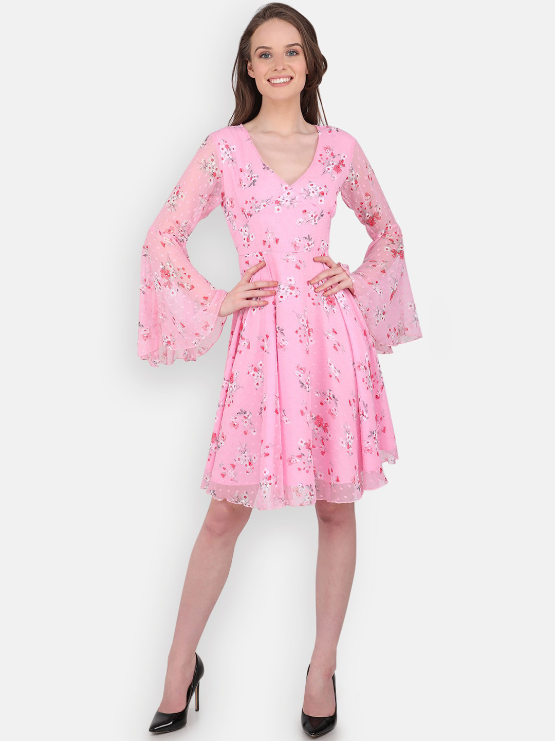 MARC LOUIS Pink Floral Chiffon Fit and Flare Dress