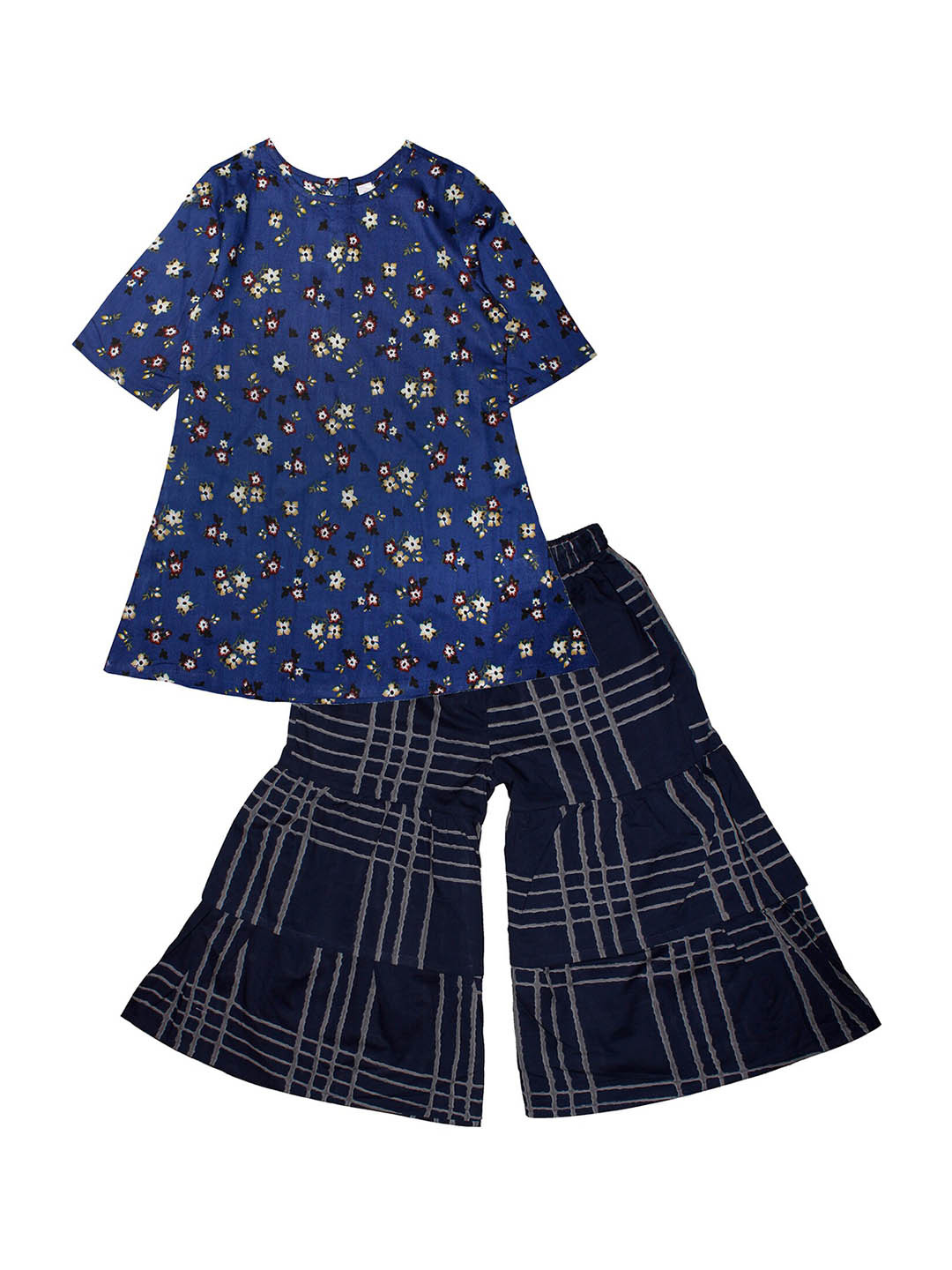 KiddoPanti Girls Navy Blue Floral Printed Regular A-Line Kurti with Sharara