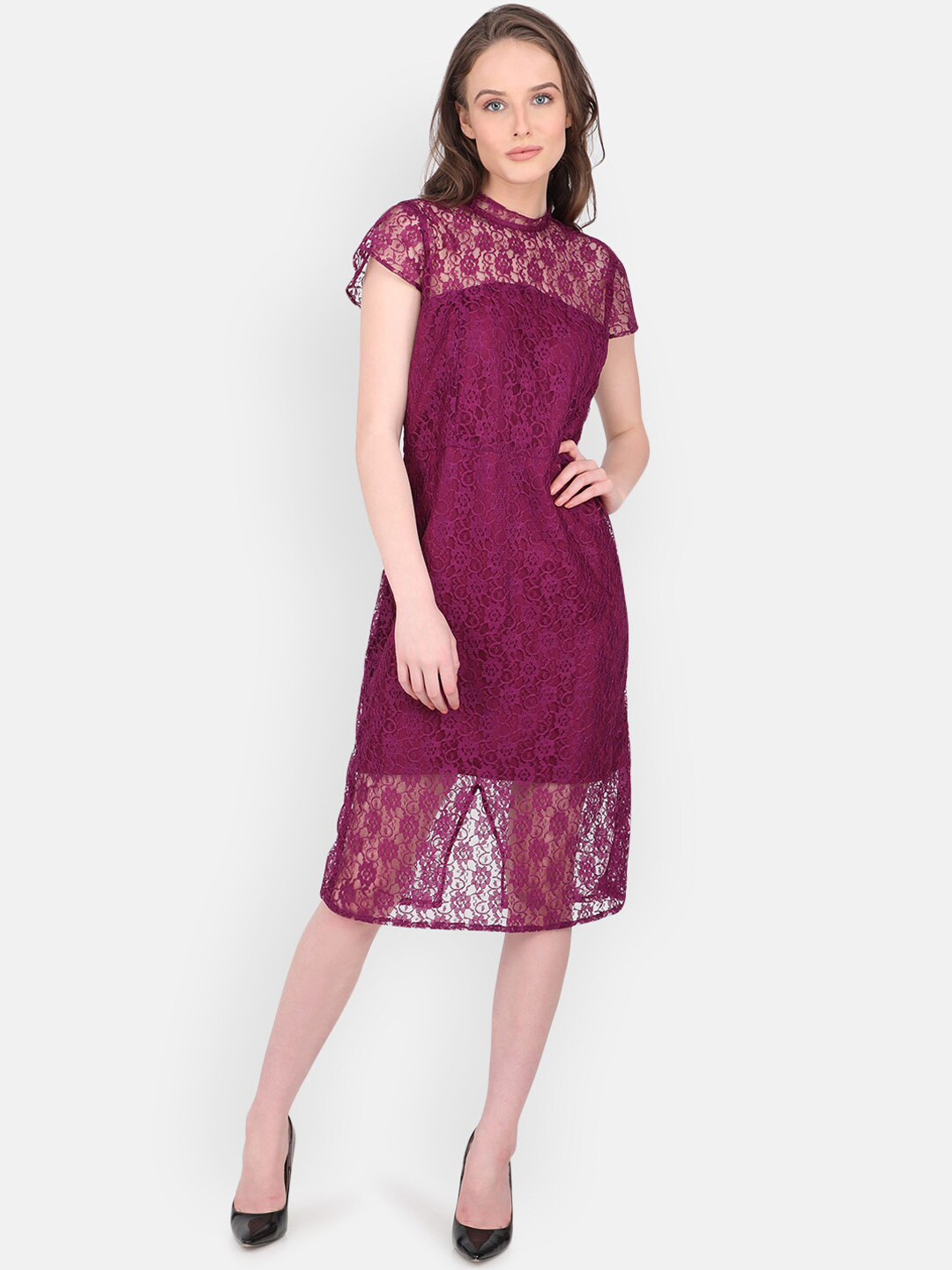 MARC LOUIS Purple Shirred Lace Sheath Midi Dress