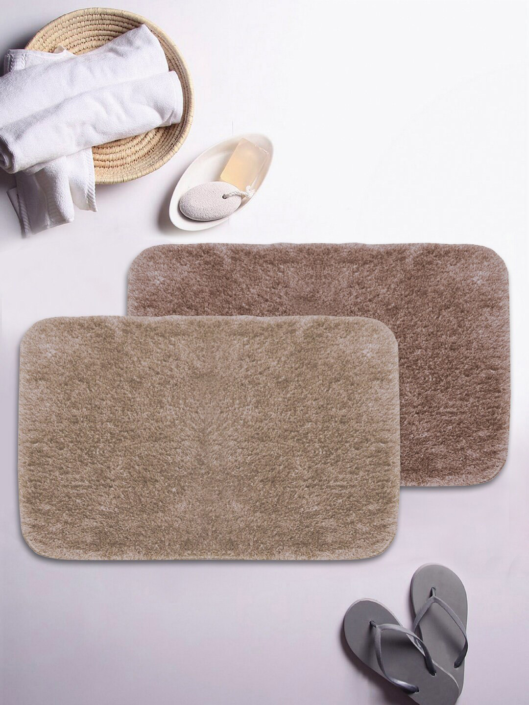 BIANCA Set Of 2 Brown Solid 1850 GSM Plush Anti-Skid Bath Rugs