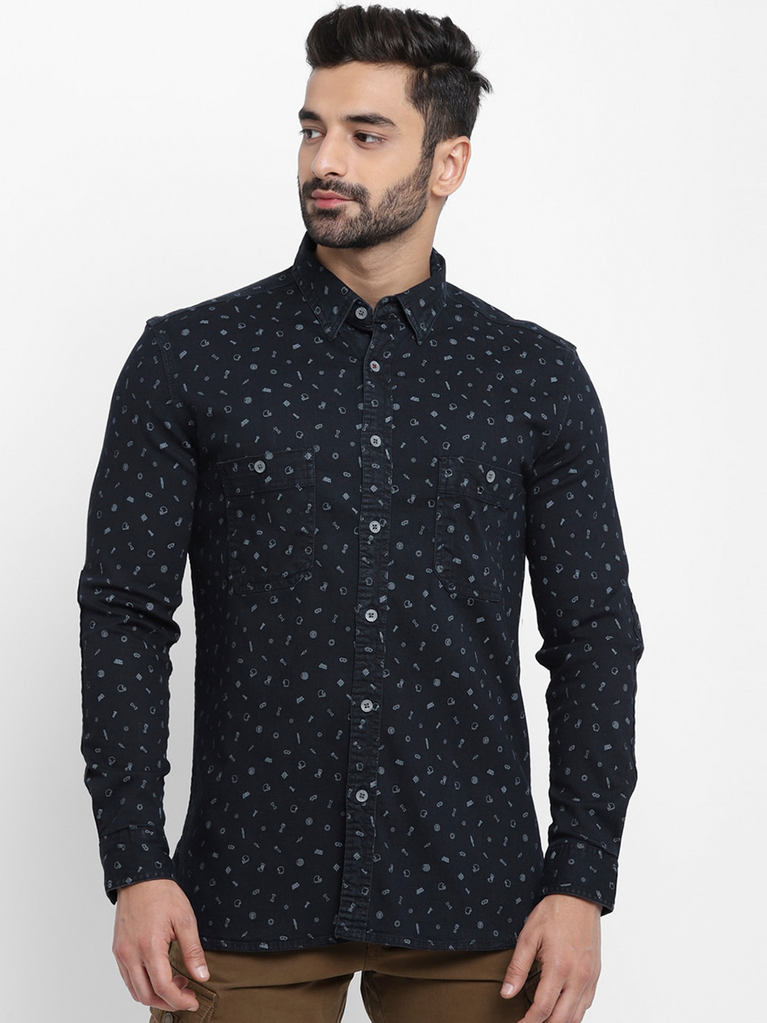 Royal Enfield Men Navy Blue Regular Fit Printed Casual Shirt