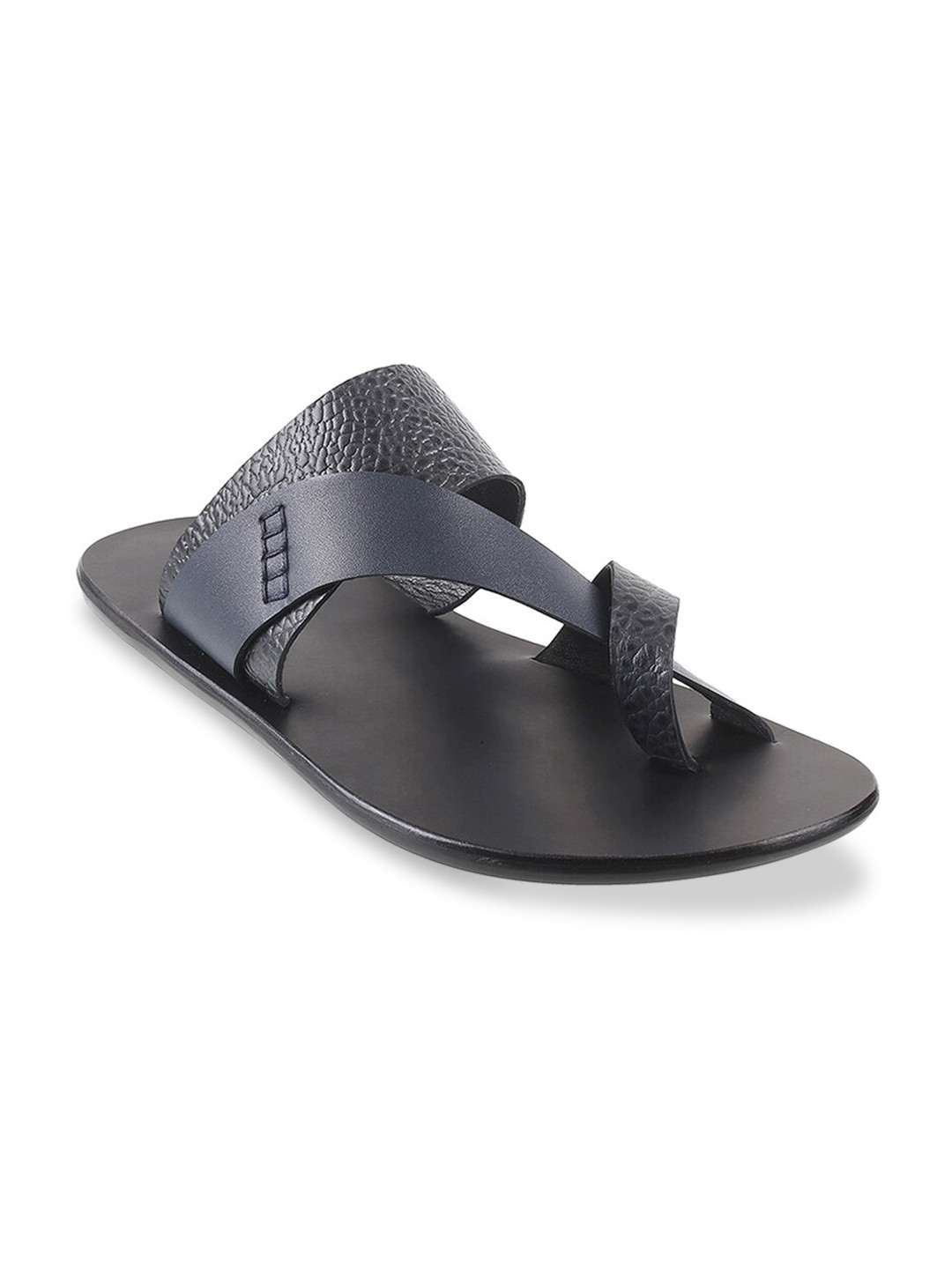 Mochi Men Black & Navy Blue Leather Comfort Sandals