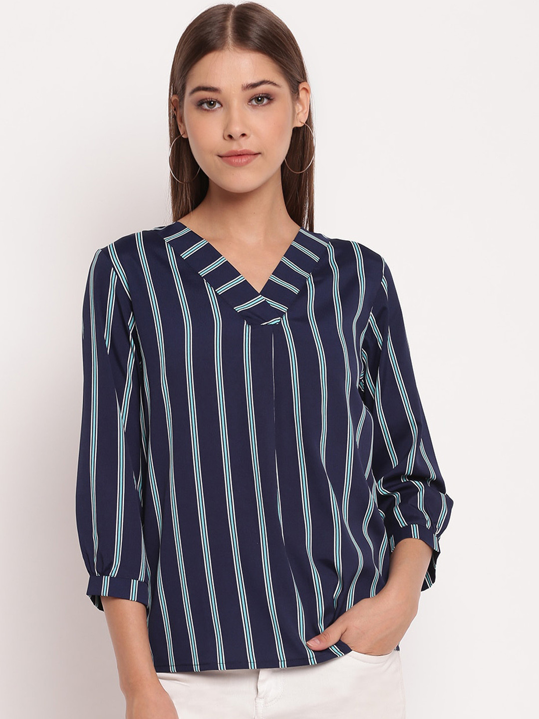 AKIMIA Navy Blue Striped Crepe Regular Top
