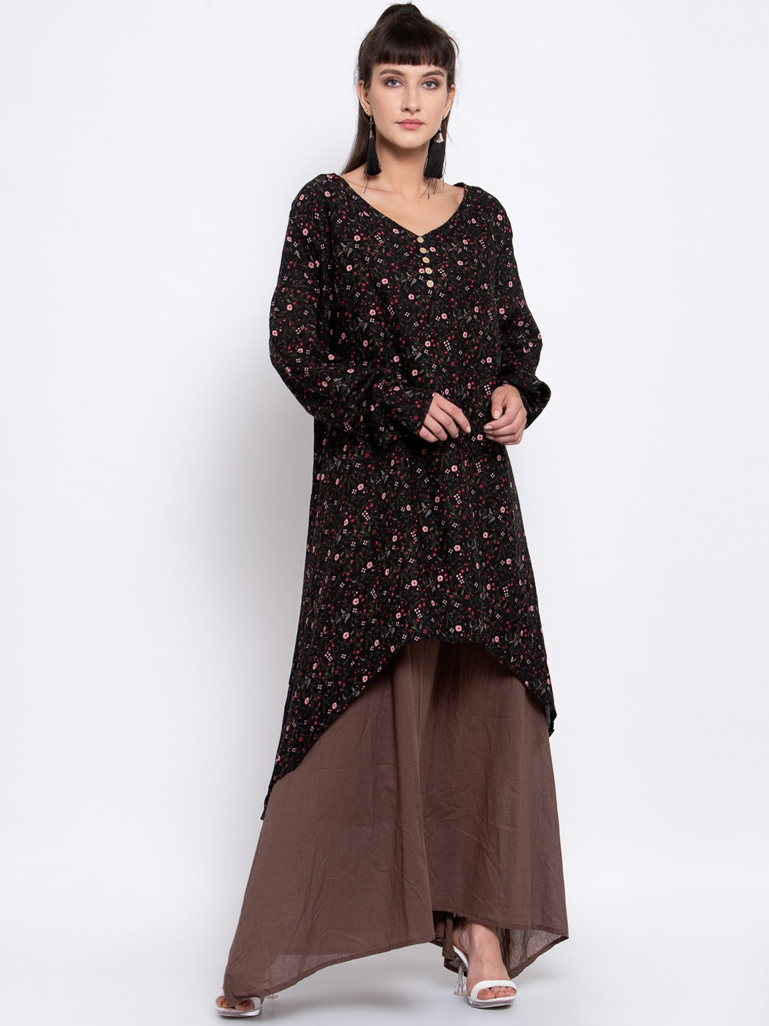 iki chic Black Floral Print Multi-Layered Maxi Dress