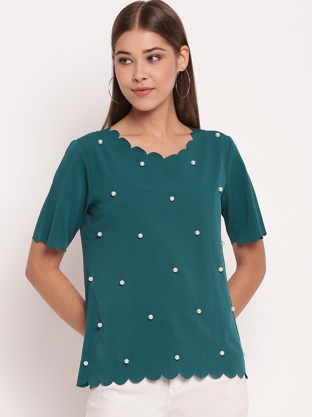 AKIMIA Teal Blue Embellished Crepe Regular Top