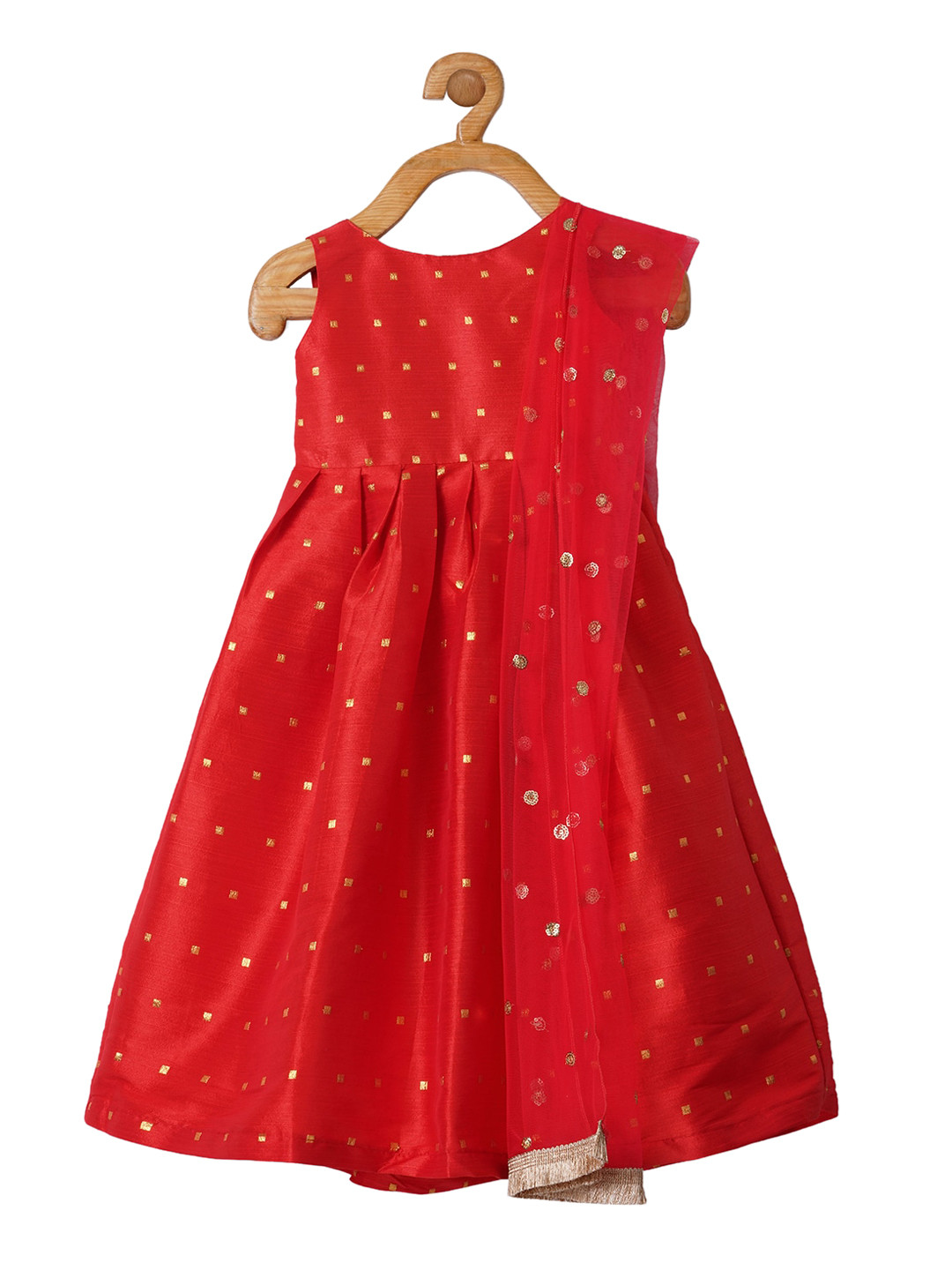 PICCOLO Red & Gold-Toned Printed Ethnic Maxi Dress with Embellished Dupatta