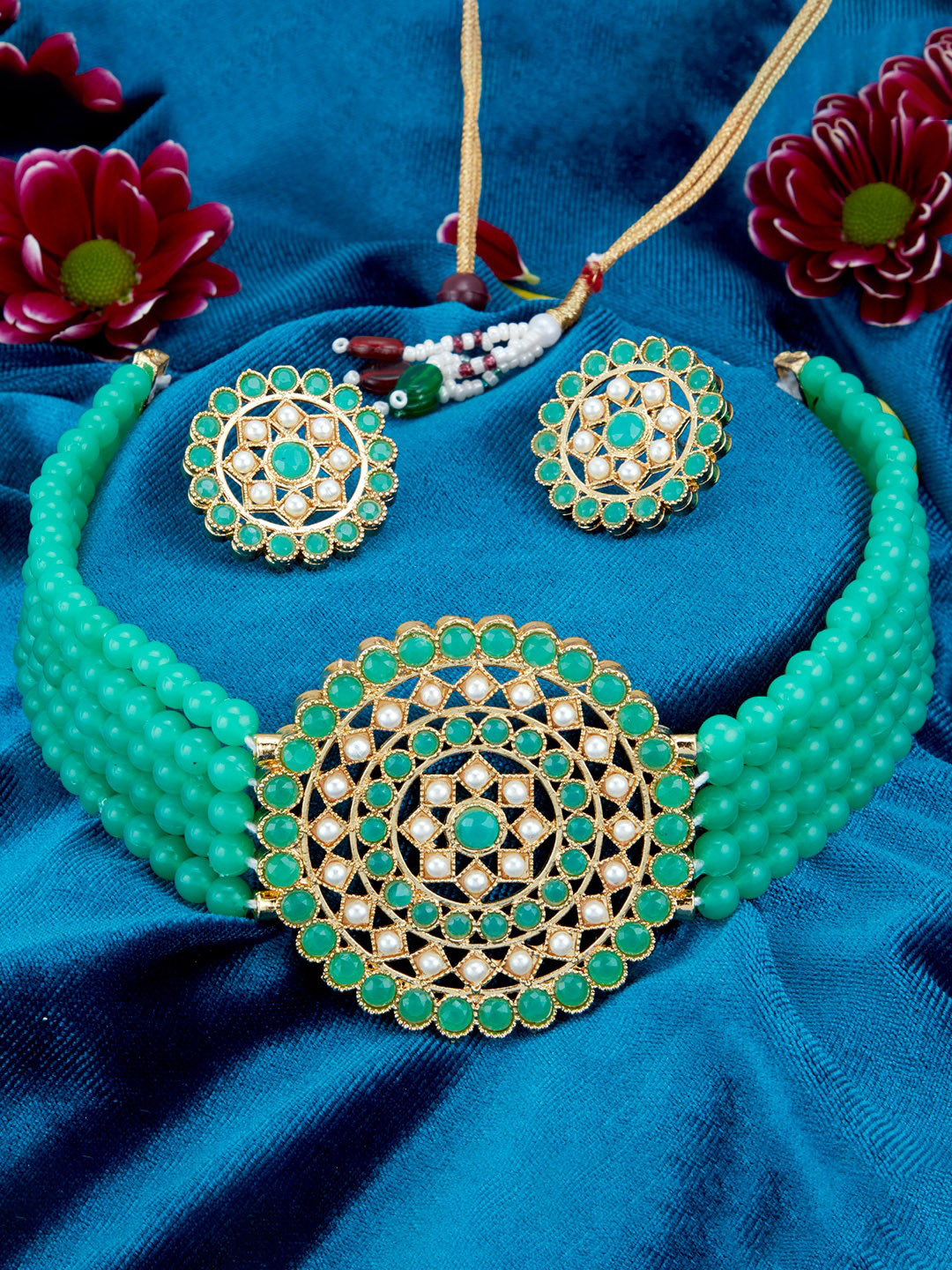 Sukkhi Gold-Plated Lime Green & White Pearl-Studded & Beaded Jewellery Set