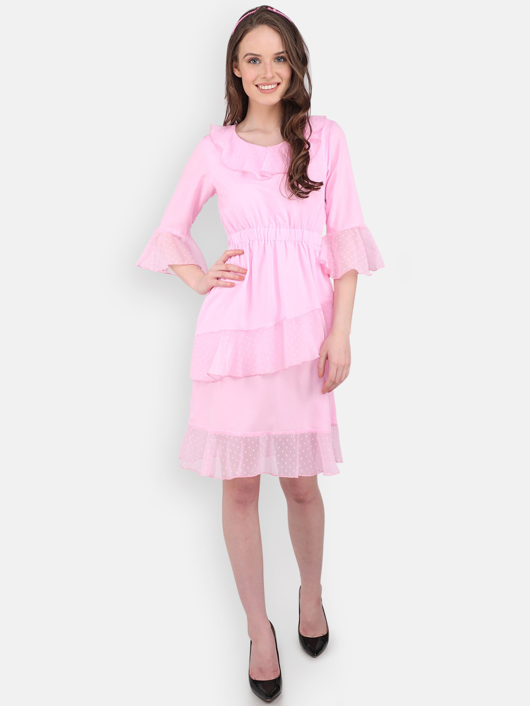 MARC LOUIS Pink Crepe Self-Design Tiered Dress