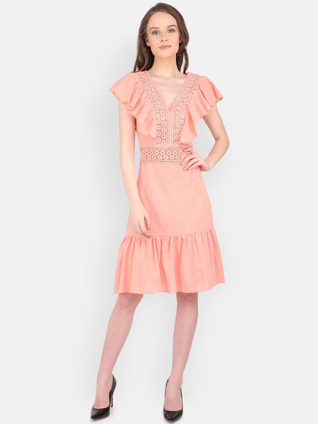 MARC LOUIS Peach-Coloured Pure Cotton Lace Dress