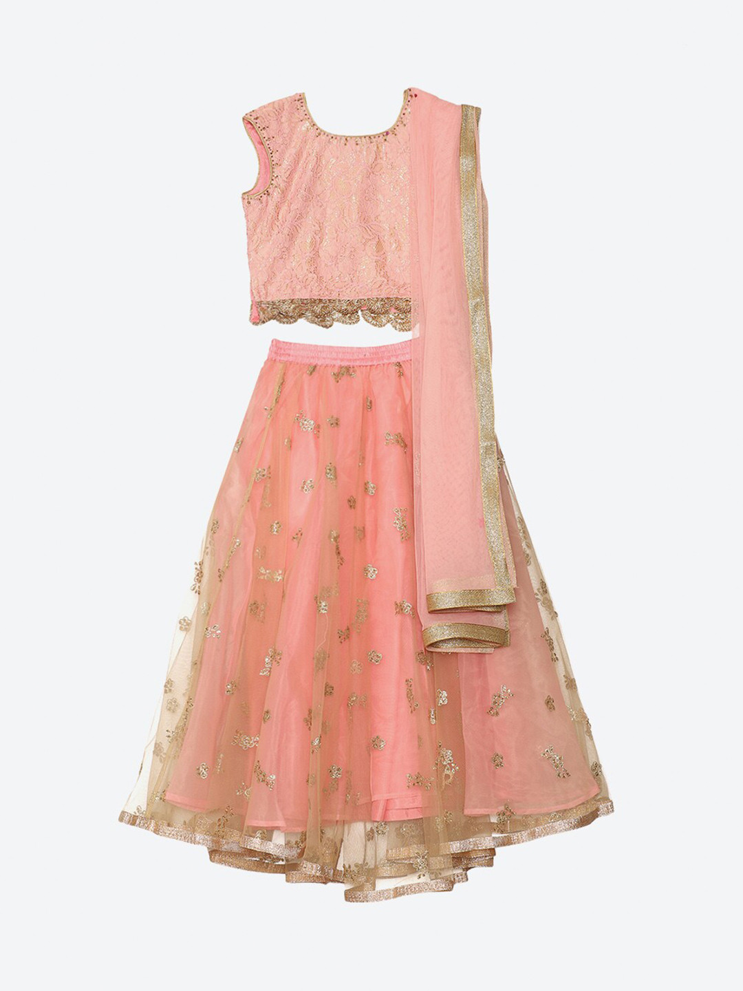 Biba Girls Pink & Gold-Toned Embroidered Ready to Wear Lehenga & Blouse with Dupatta